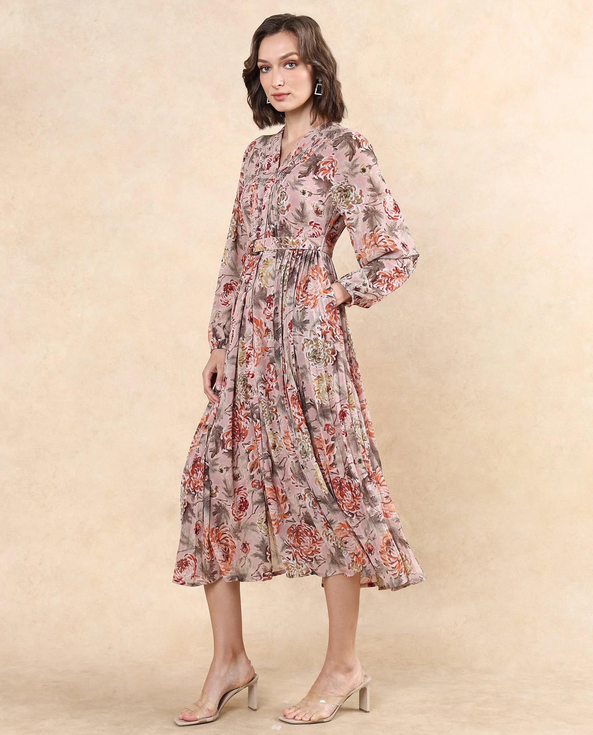 Rareism Women Jibon Multi Full Sleeve V-Neck Button Closure A-Line Fit Maxi Floral Print Dress