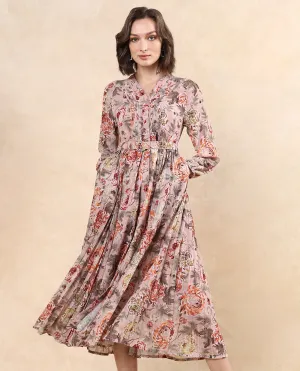Rareism Women Jibon Multi Full Sleeve V-Neck Button Closure A-Line Fit Maxi Floral Print Dress