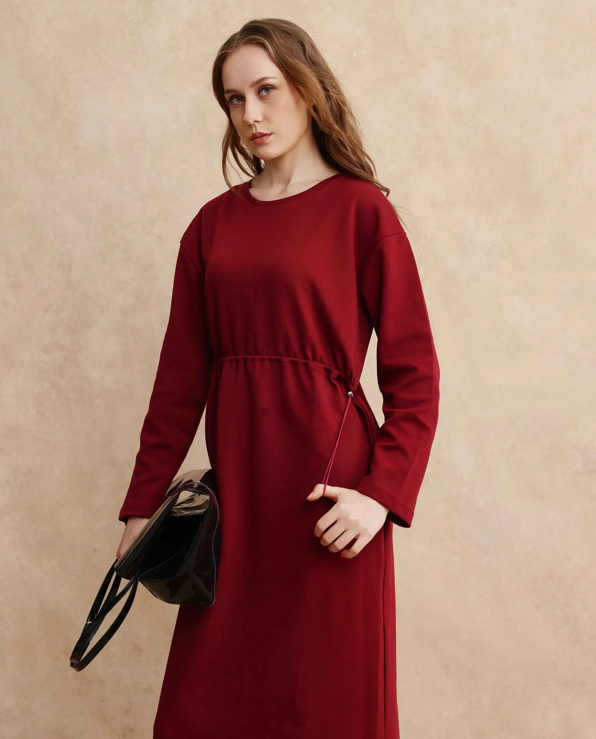 Rareism Women Zarene Maroon Cotton Blend Fabric Full Sleeve Crew Neck Maxi Plain Dress