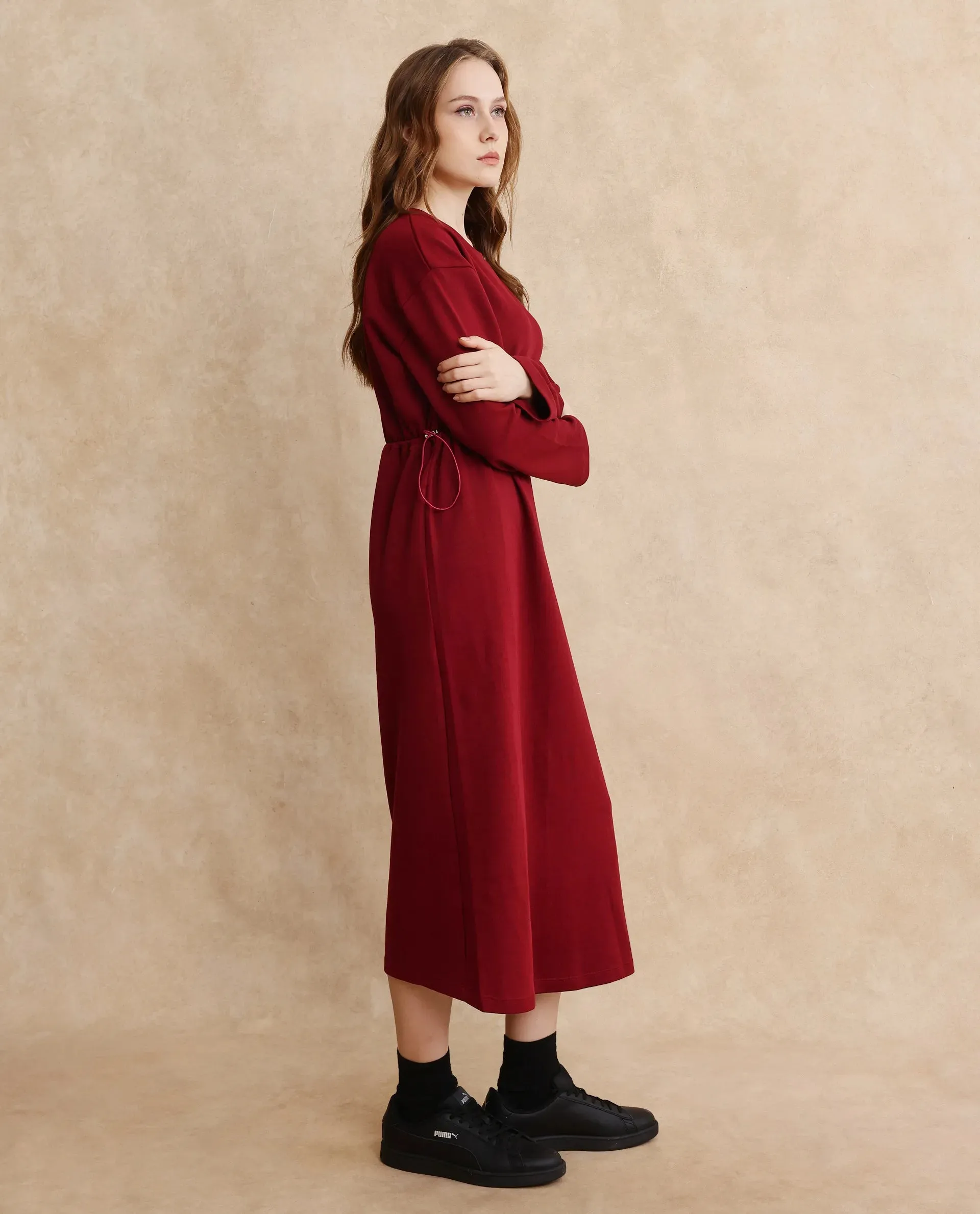 Rareism Women Zarene Maroon Cotton Blend Fabric Full Sleeve Crew Neck Maxi Plain Dress