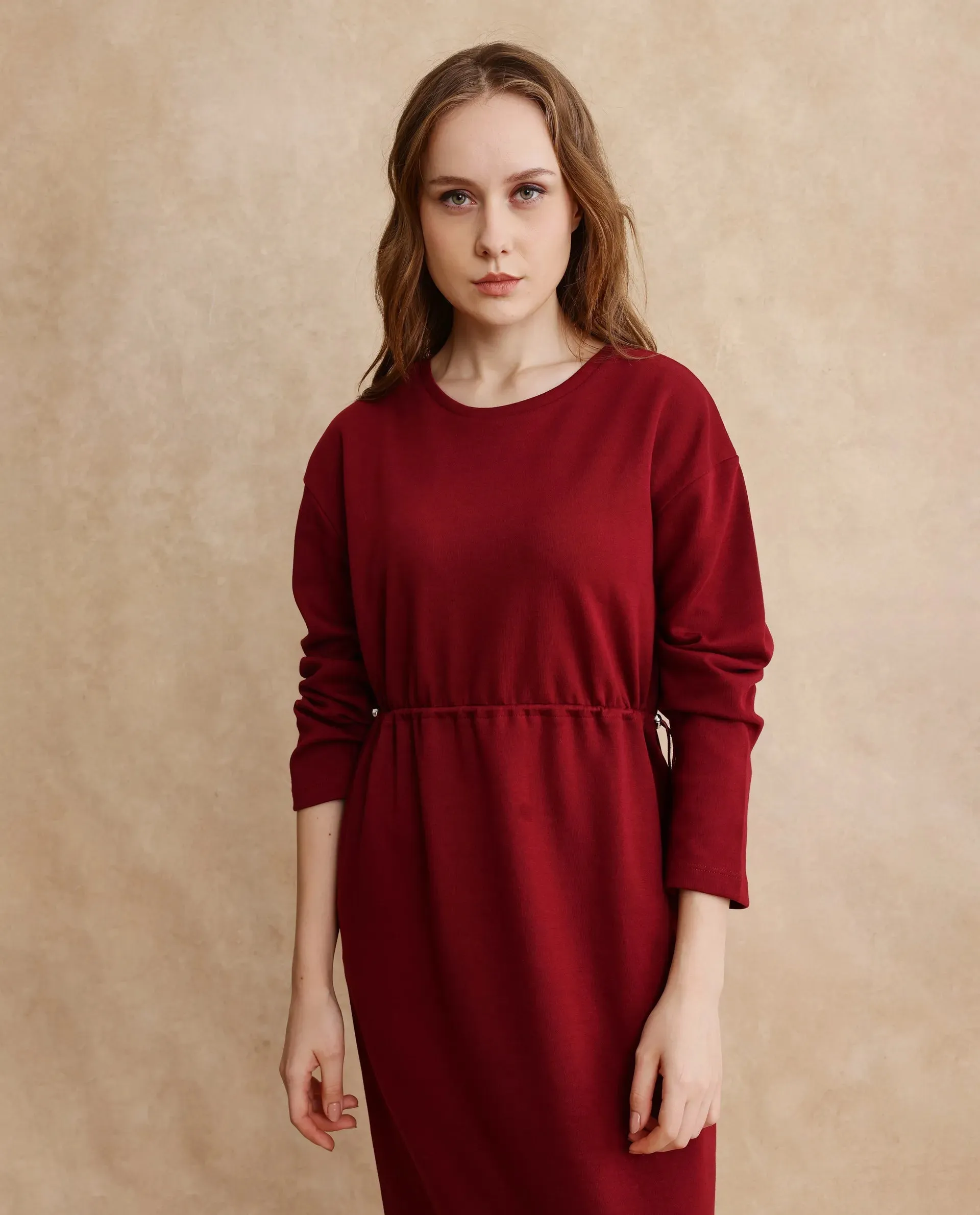Rareism Women Zarene Maroon Cotton Blend Fabric Full Sleeve Crew Neck Maxi Plain Dress