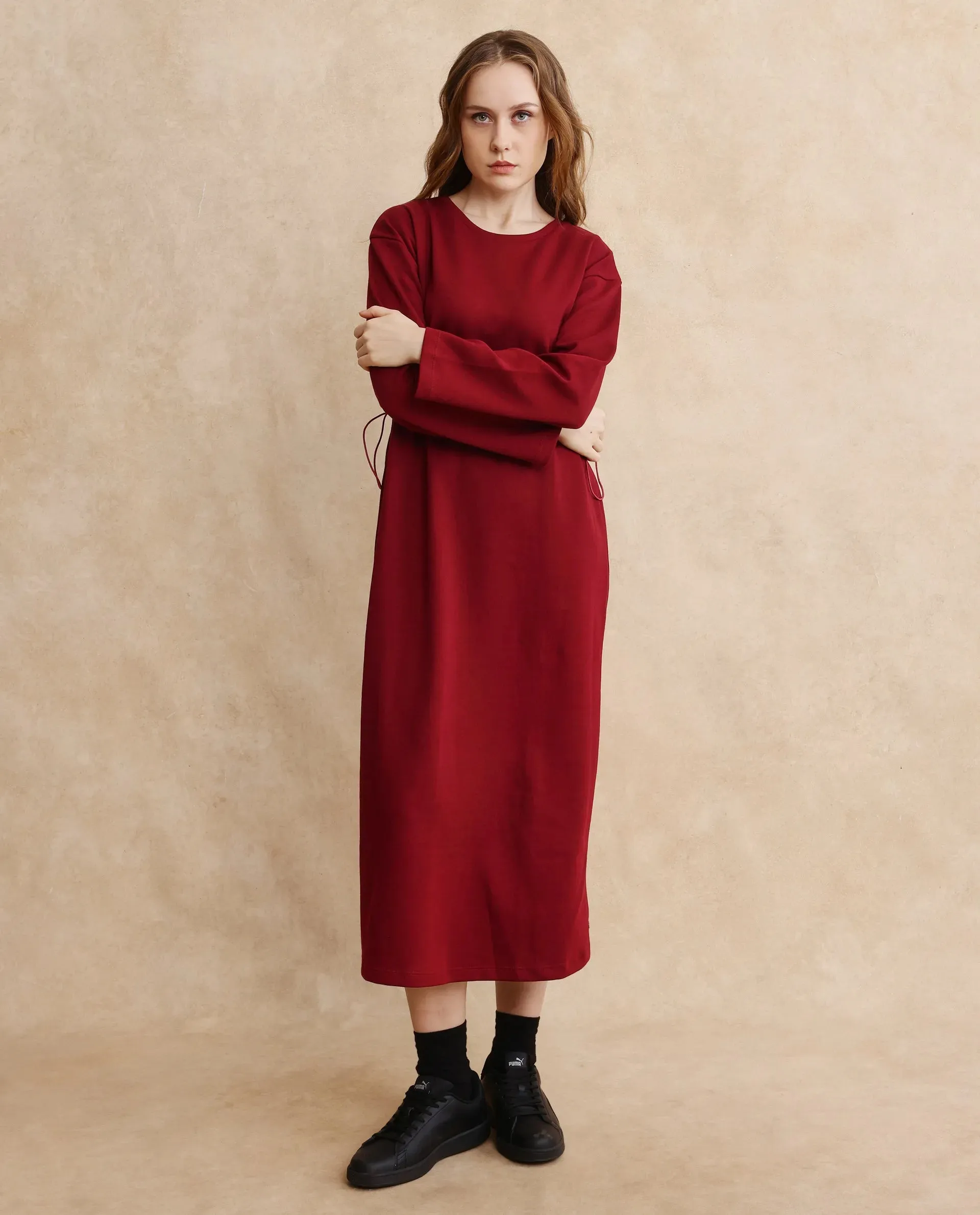 Rareism Women Zarene Maroon Cotton Blend Fabric Full Sleeve Crew Neck Maxi Plain Dress