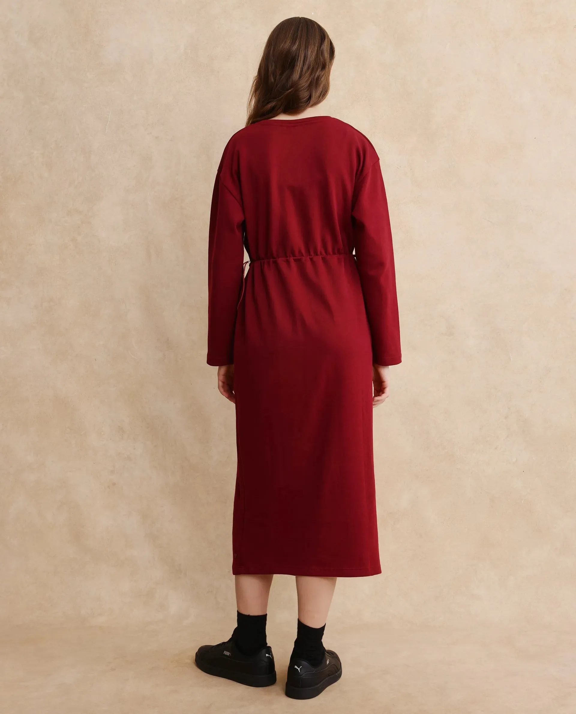 Rareism Women Zarene Maroon Cotton Blend Fabric Full Sleeve Crew Neck Maxi Plain Dress