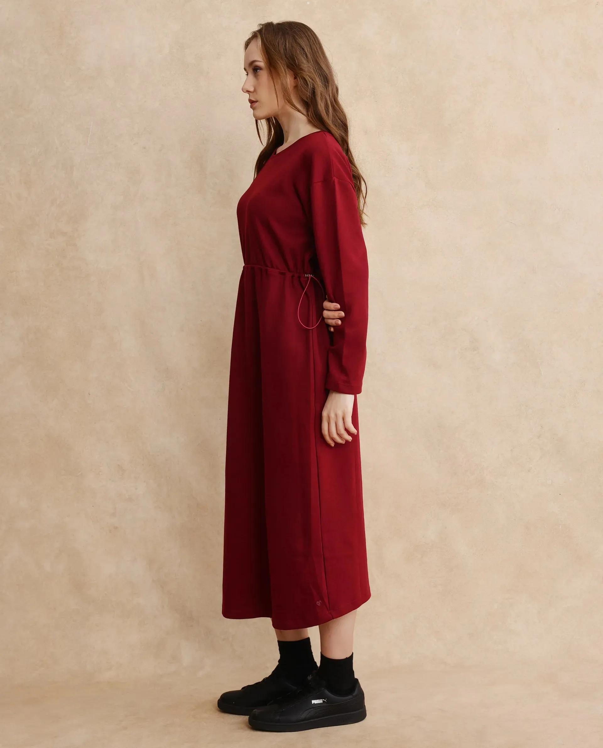 Rareism Women Zarene Maroon Cotton Blend Fabric Full Sleeve Crew Neck Maxi Plain Dress