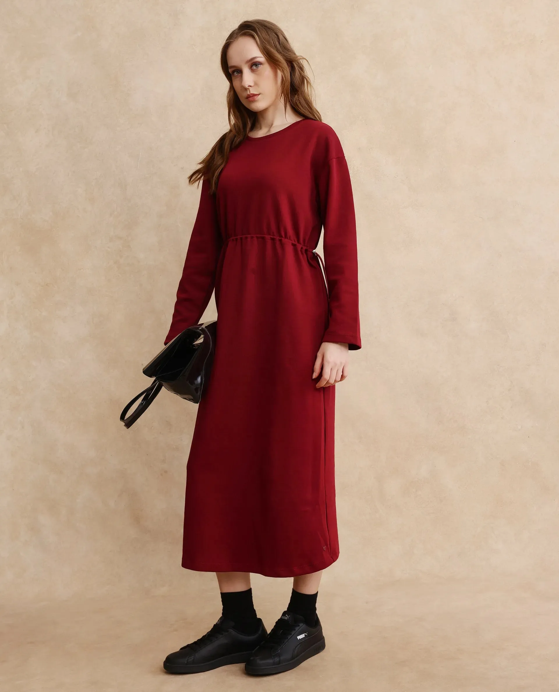 Rareism Women Zarene Maroon Cotton Blend Fabric Full Sleeve Crew Neck Maxi Plain Dress
