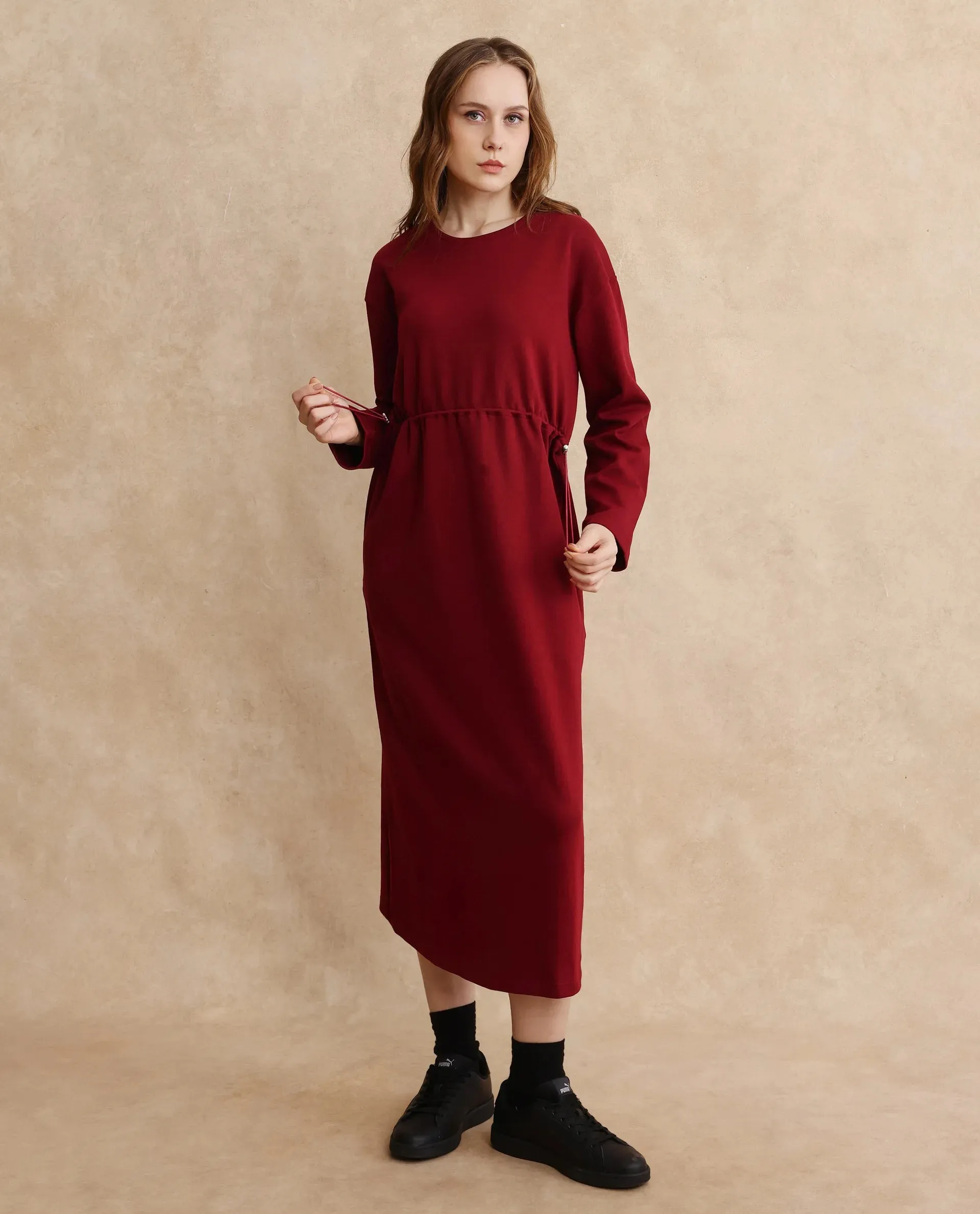 Rareism Women Zarene Maroon Cotton Blend Fabric Full Sleeve Crew Neck Maxi Plain Dress