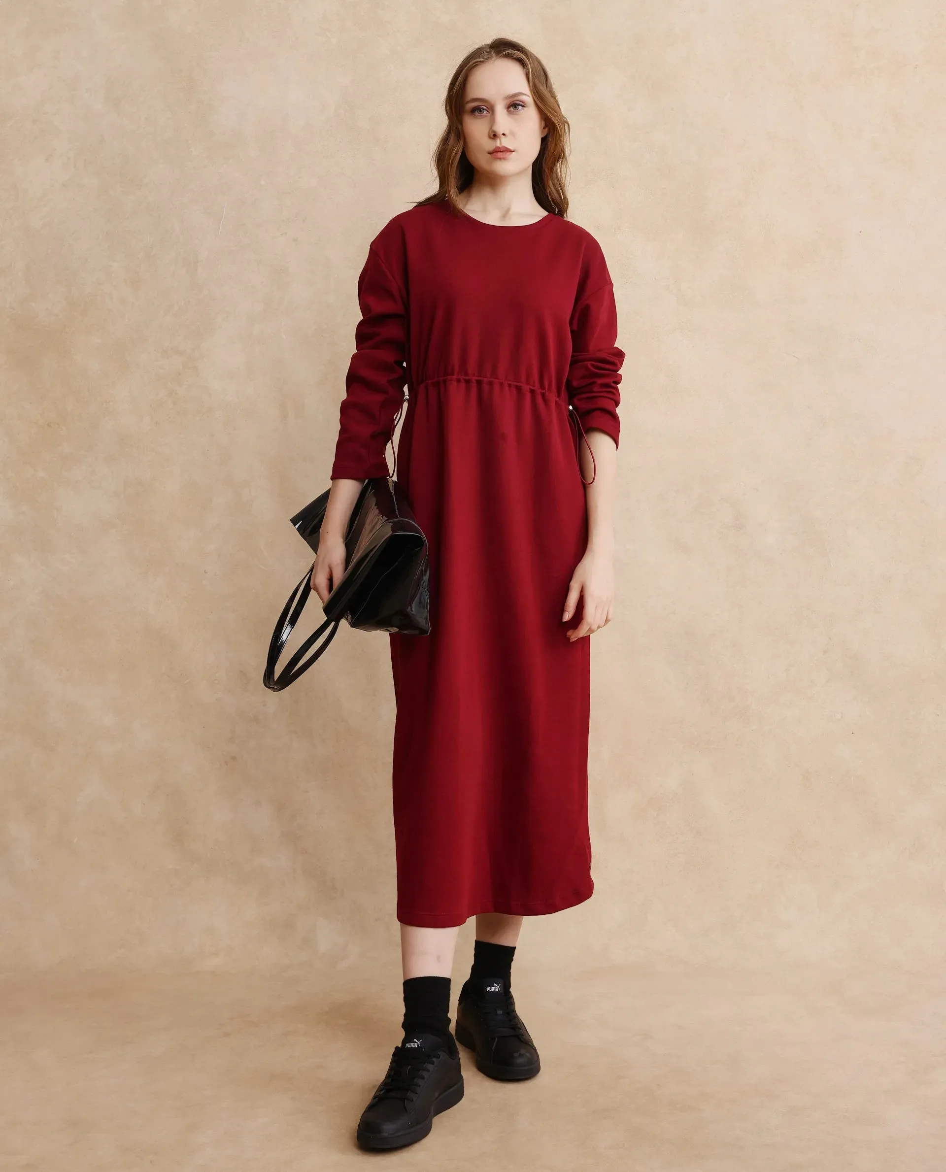 Rareism Women Zarene Maroon Cotton Blend Fabric Full Sleeve Crew Neck Maxi Plain Dress