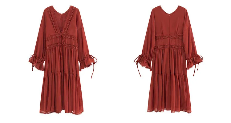 Red Lace-Up Vintage Dress with Deep V & Cinched Waist