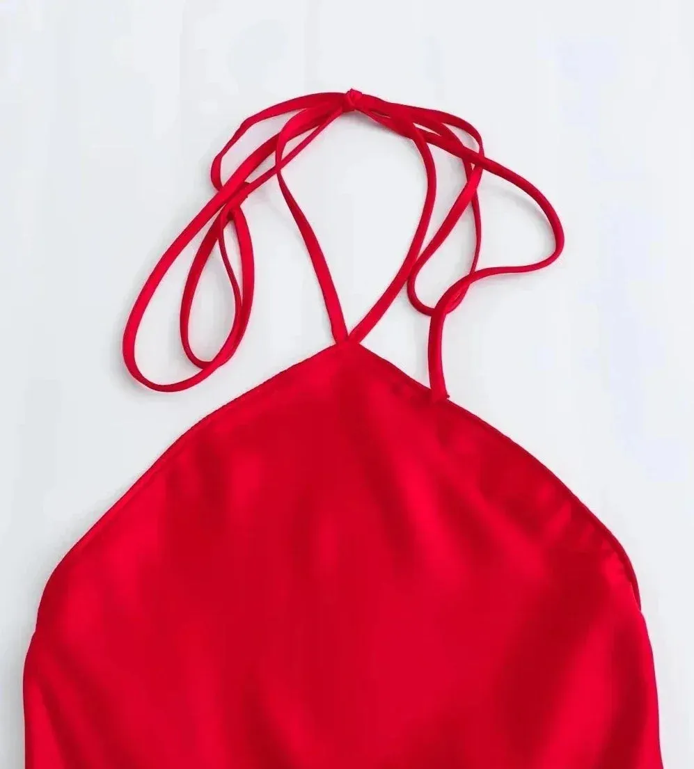 Red Satin Stylish Halter Maxi Dress