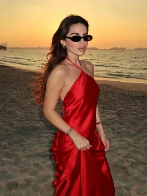 Red Satin Stylish Halter Maxi Dress