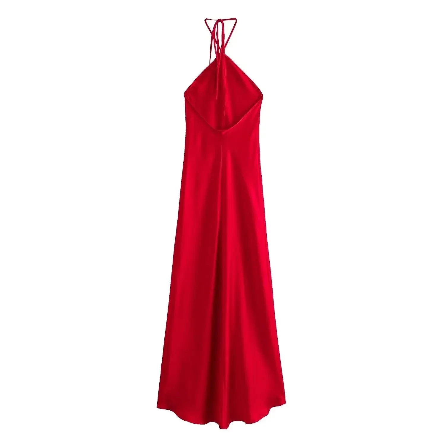 Red Satin Stylish Halter Maxi Dress