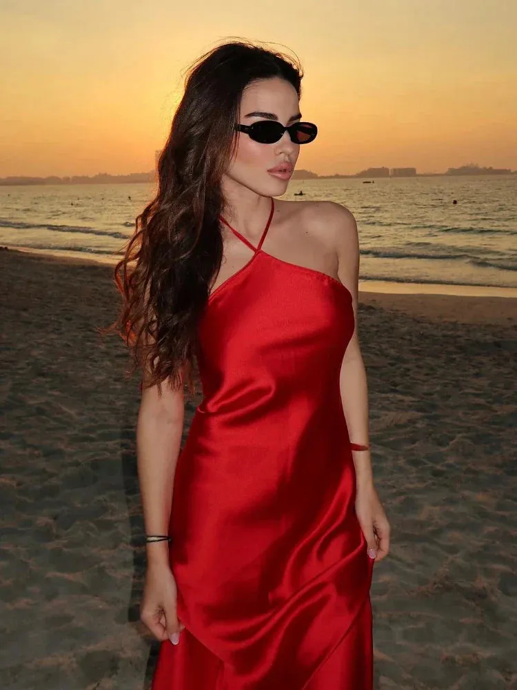 Red Satin Stylish Halter Maxi Dress
