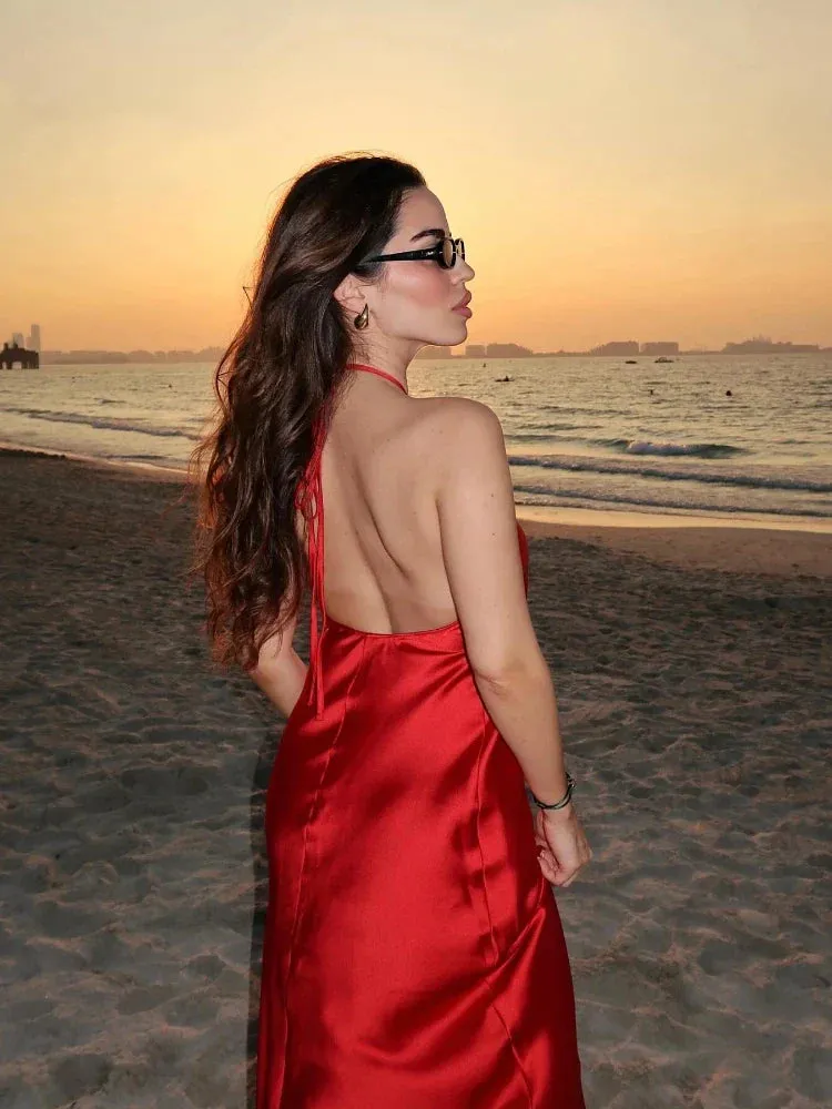 Red Satin Stylish Halter Maxi Dress