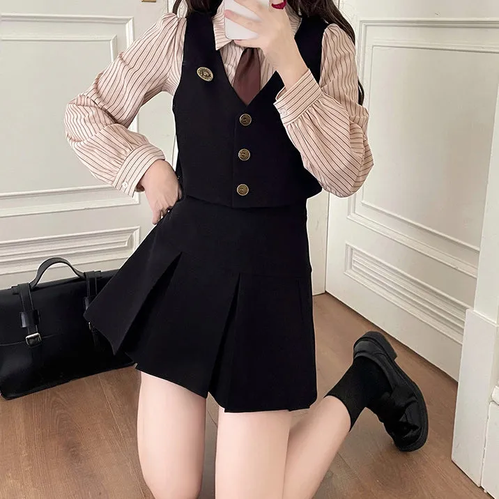 Retro Short Vest Shirt Pleated Skirt Set