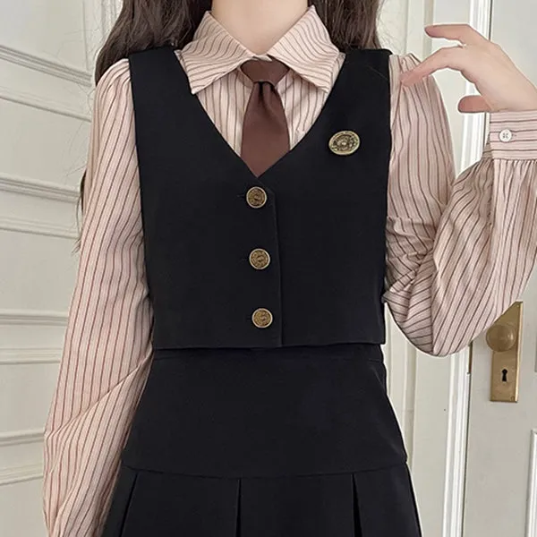 Retro Short Vest Shirt Pleated Skirt Set