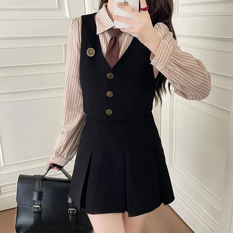 Retro Short Vest Shirt Pleated Skirt Set