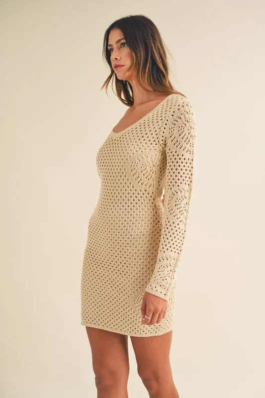 Rhea Crochet Long Sleeve Crochet Mini Dress Light Taupe