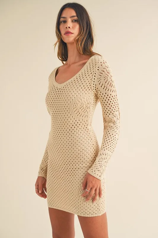 Rhea Crochet Long Sleeve Crochet Mini Dress Light Taupe
