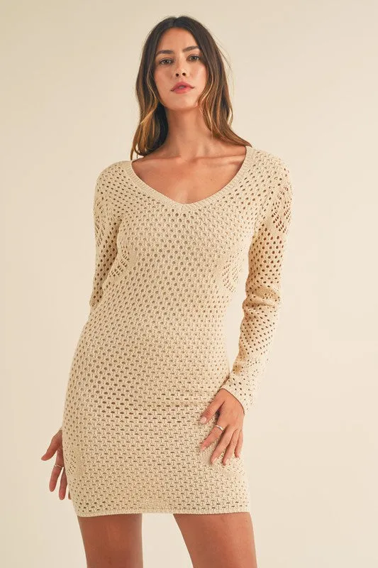 Rhea Crochet Long Sleeve Crochet Mini Dress Light Taupe