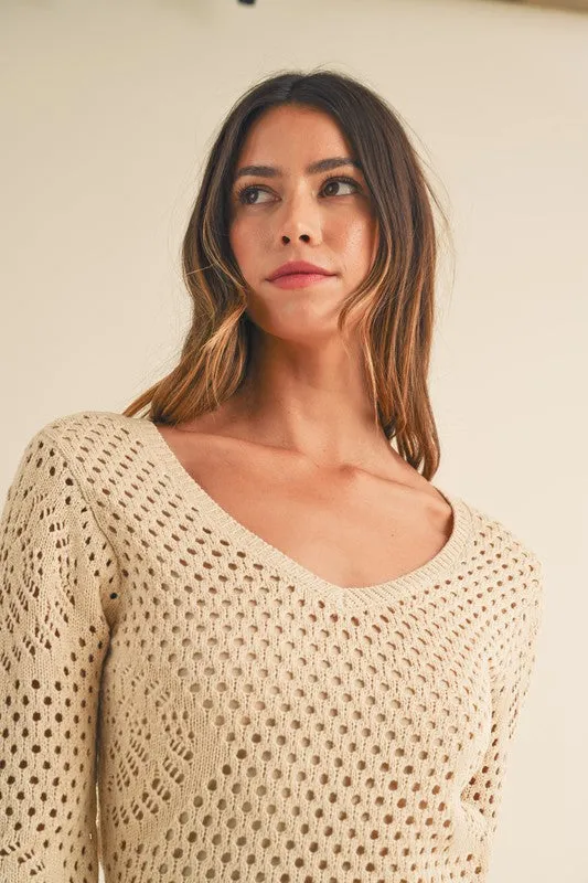 Rhea Crochet Long Sleeve Crochet Mini Dress Light Taupe