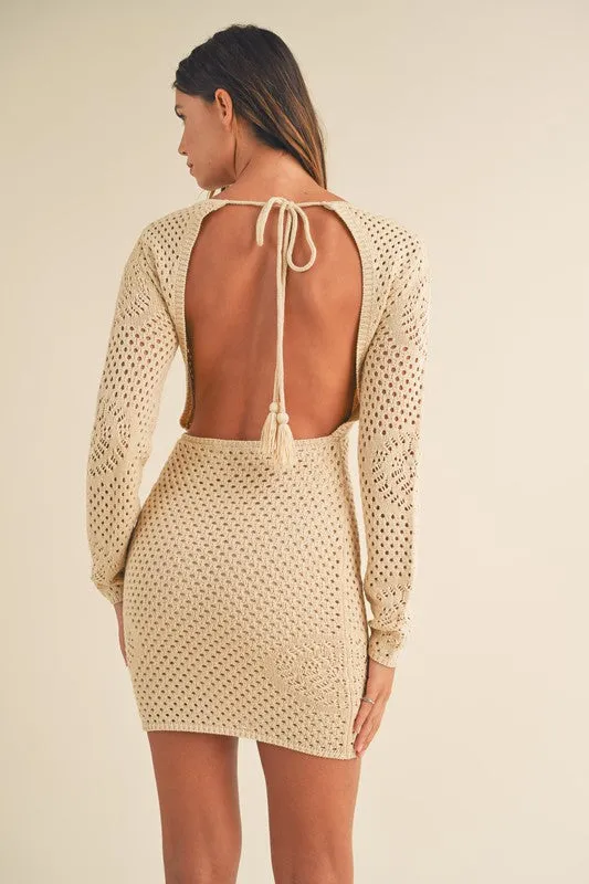 Rhea Crochet Long Sleeve Crochet Mini Dress Light Taupe