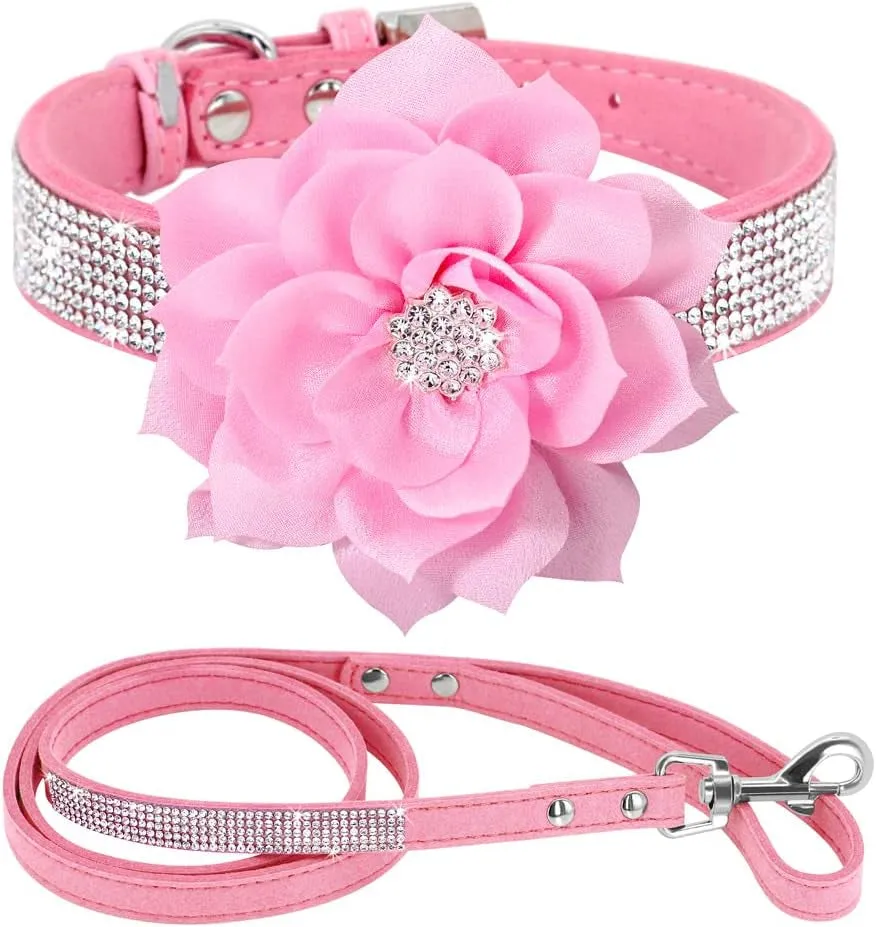 Rhinestone Suede Dog Collar Set