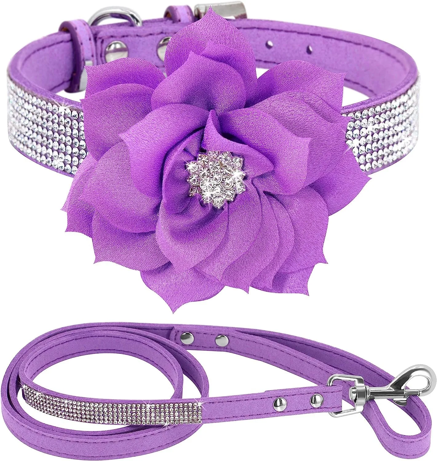 Rhinestone Suede Dog Collar Set
