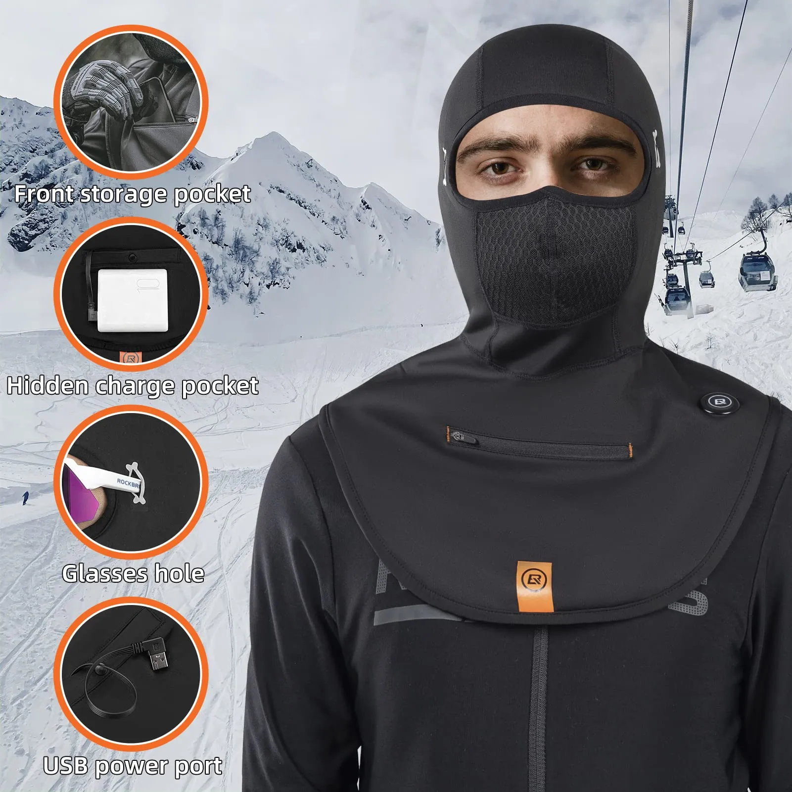 ROCKBROS Heated Ski Cold Weather Balaclava Face Mask USB Rechargeable Winter No Battery