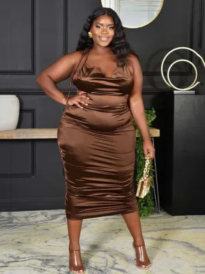Ruched Halter High Trendy Slit Midi Dress