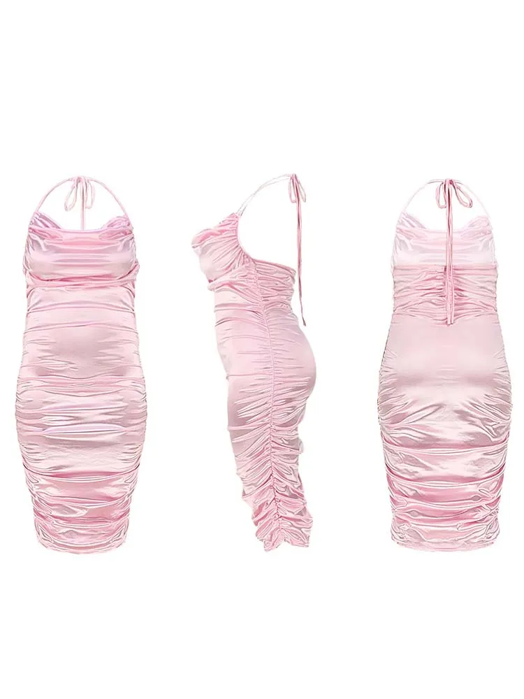 Ruched Halter High Trendy Slit Midi Dress