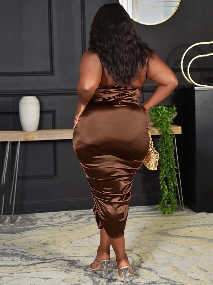 Ruched Halter High Trendy Slit Midi Dress
