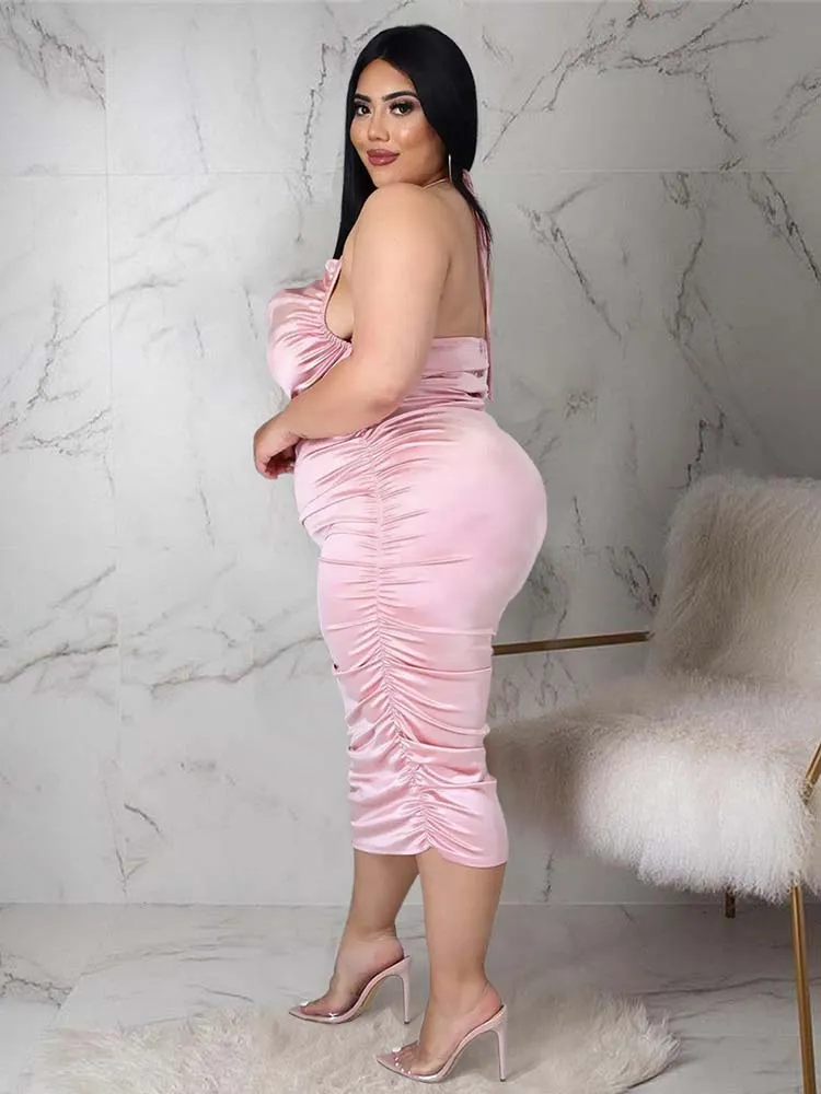 Ruched Halter High Trendy Slit Midi Dress