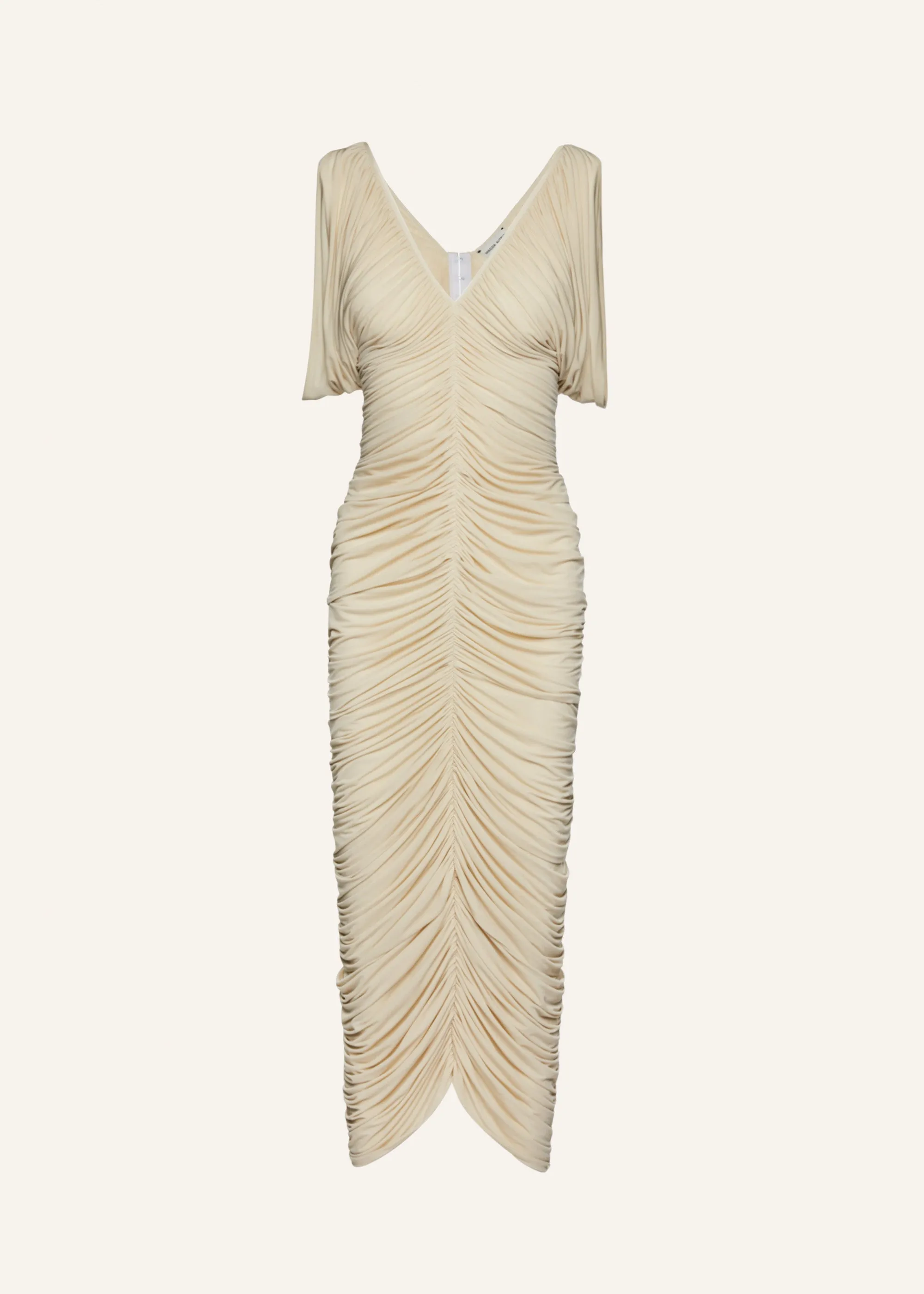 Ruched v neck midi dress in beige