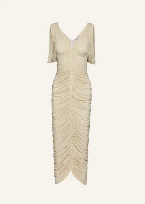 Ruched v neck midi dress in beige