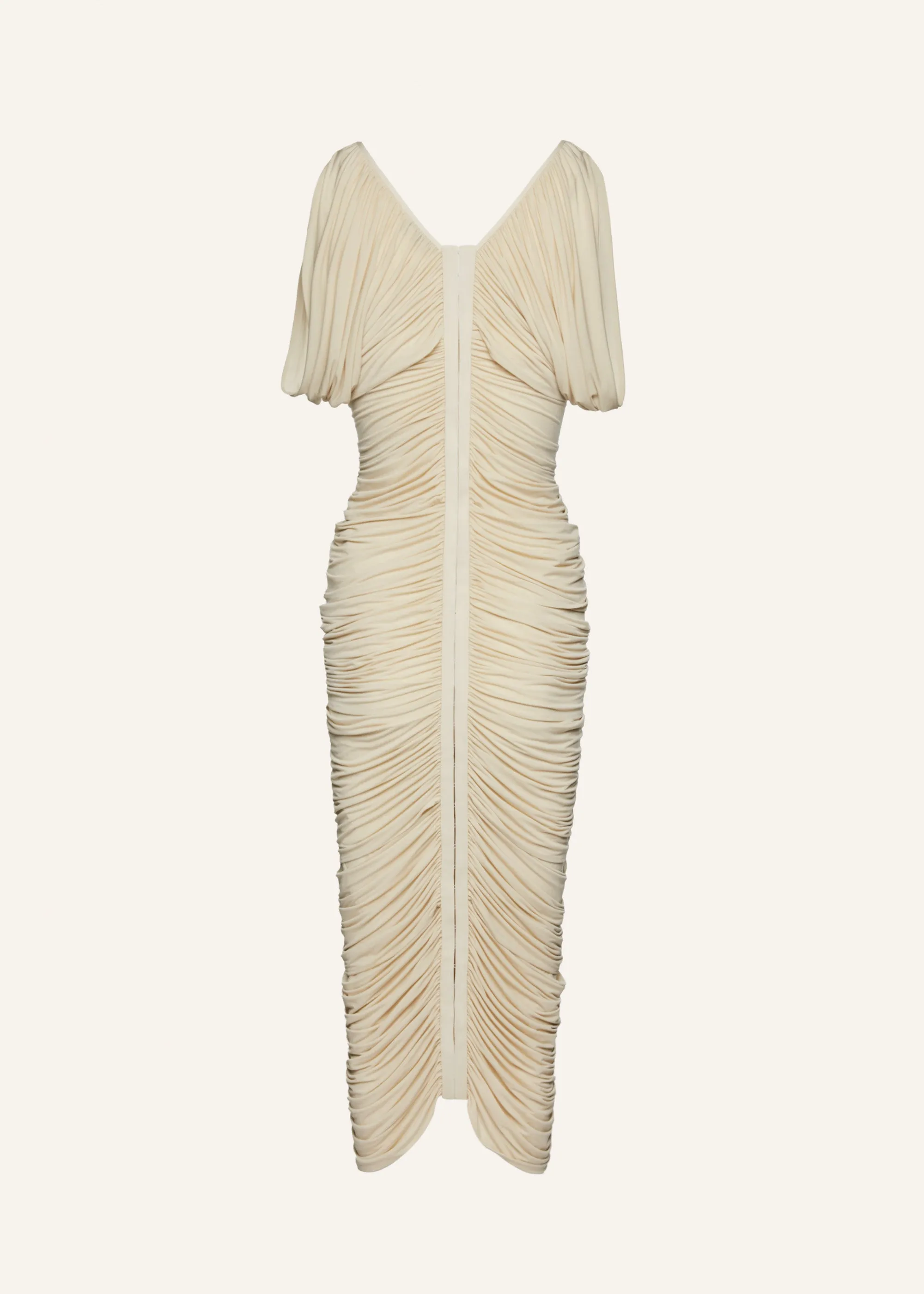 Ruched v neck midi dress in beige