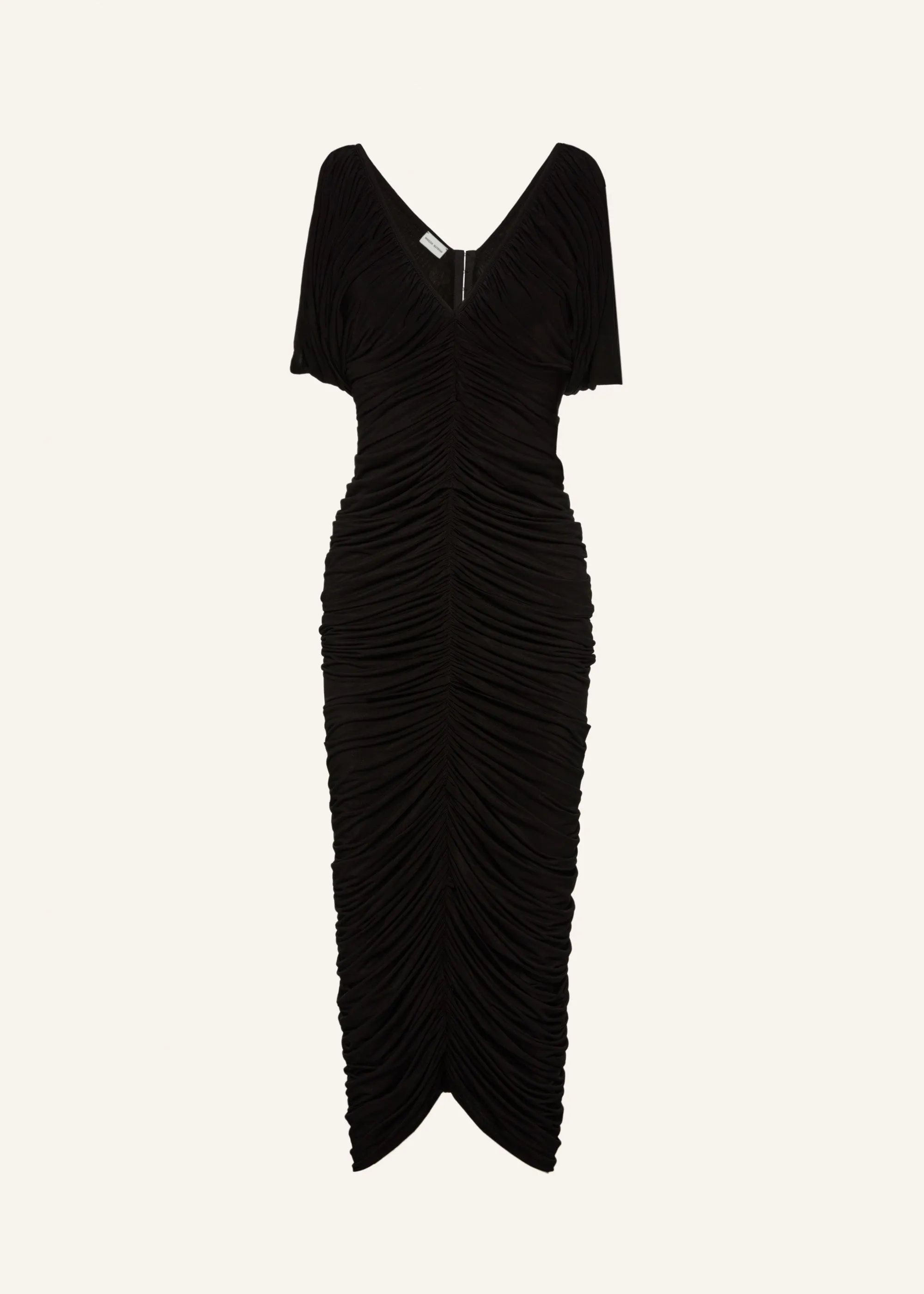 Ruched v neck midi dress in black