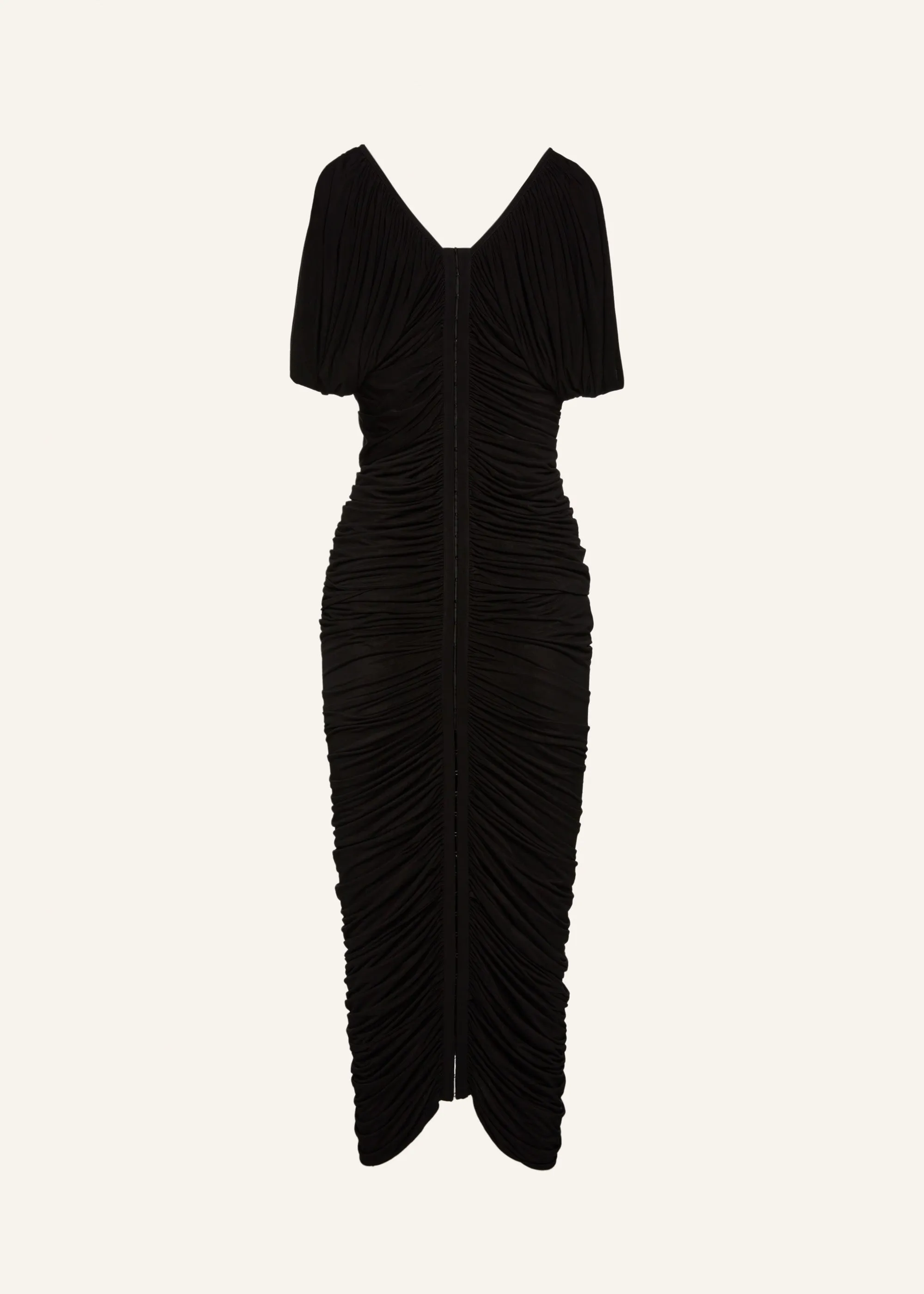 Ruched v neck midi dress in black