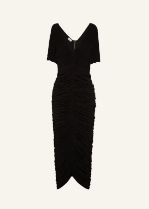 Ruched v neck midi dress in black