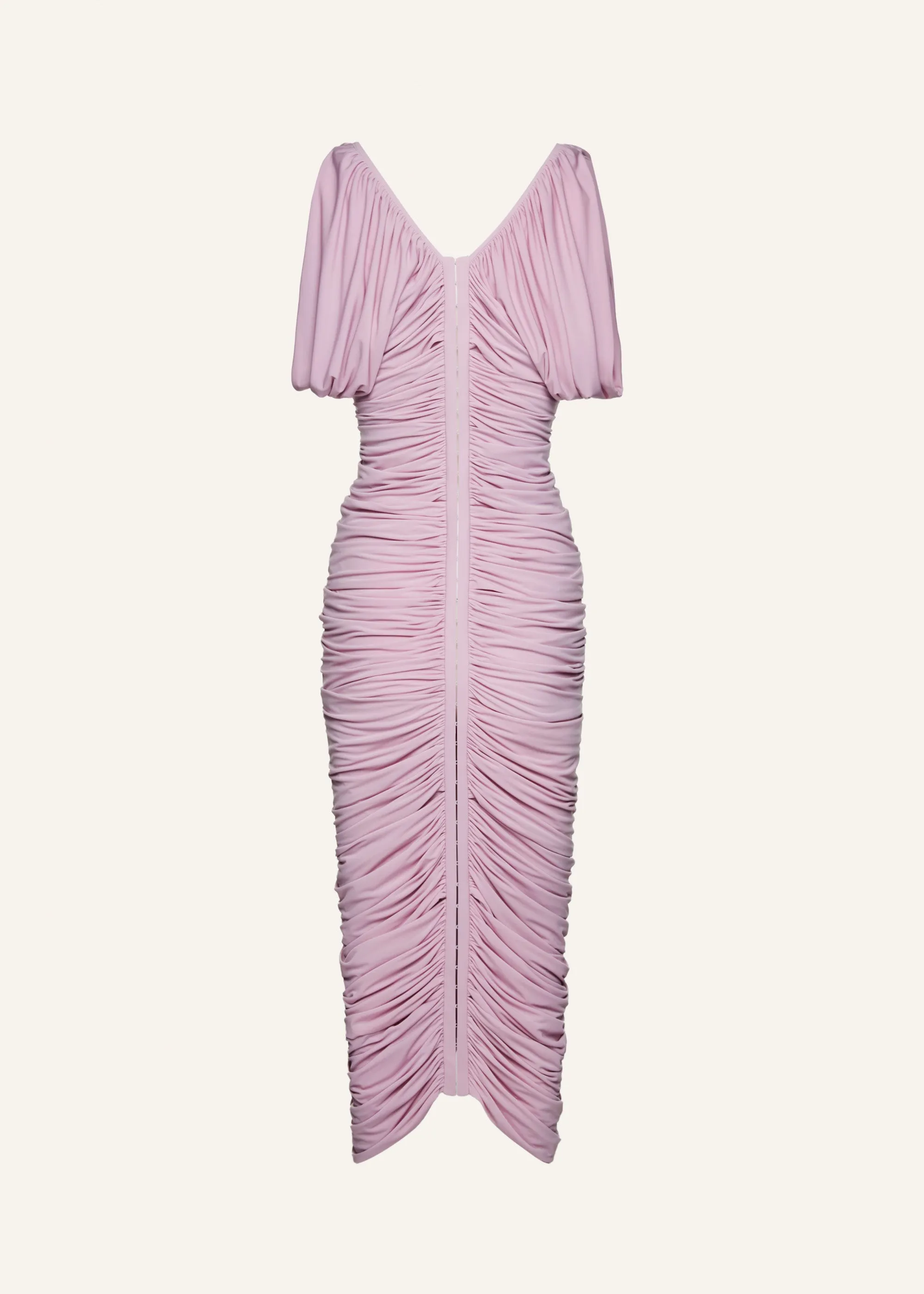 Ruched v neck midi dress in pink
