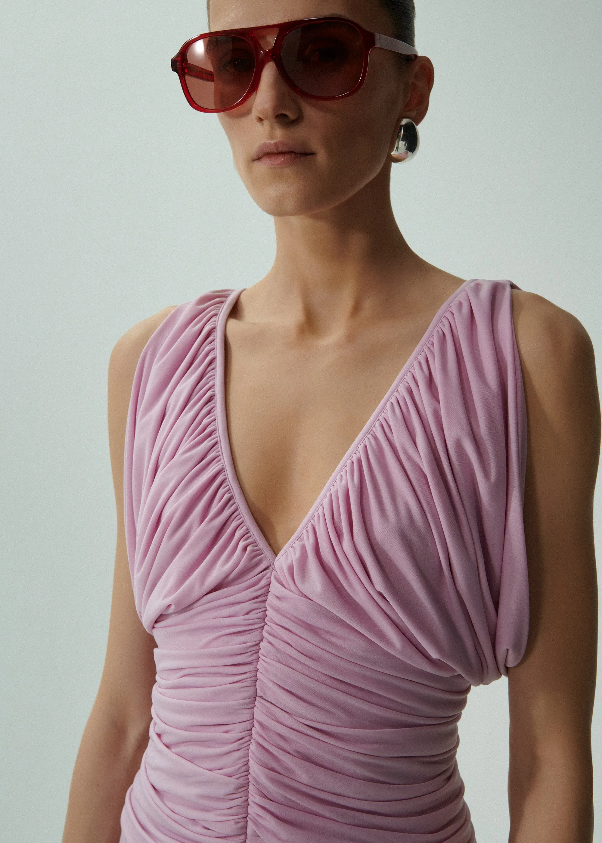 Ruched v neck midi dress in pink