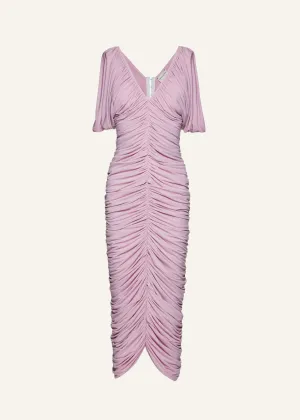 Ruched v neck midi dress in pink