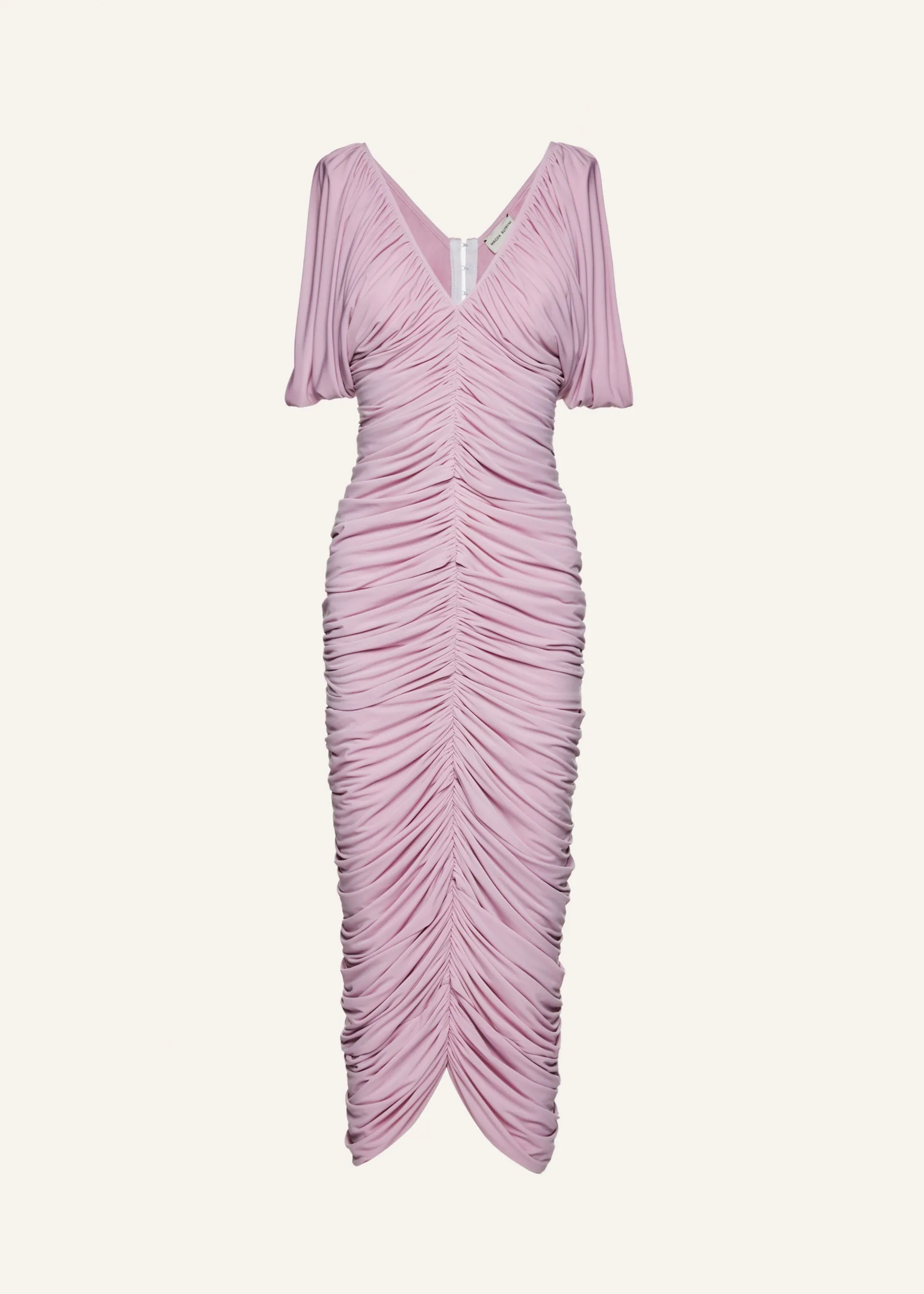 Ruched v neck midi dress in pink