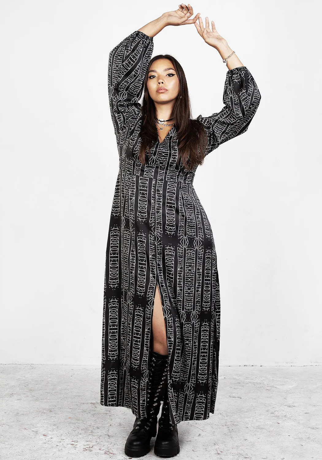 Runes Balloon Sleeve Maxi Dress