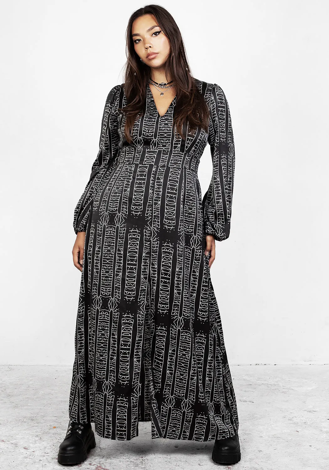 Runes Balloon Sleeve Maxi Dress