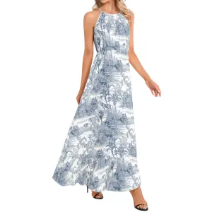 Safari Blue Maxi Dress with Ruffle Hem and Halter Neckline
