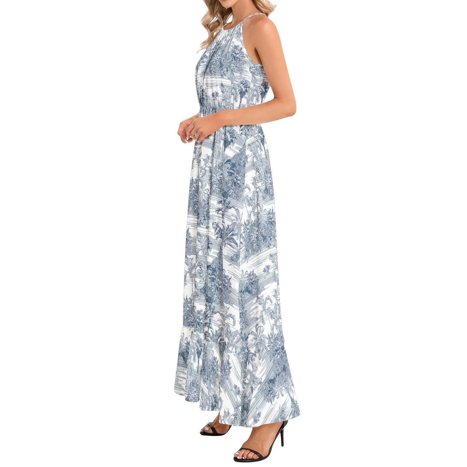 Safari Blue Maxi Dress with Ruffle Hem and Halter Neckline