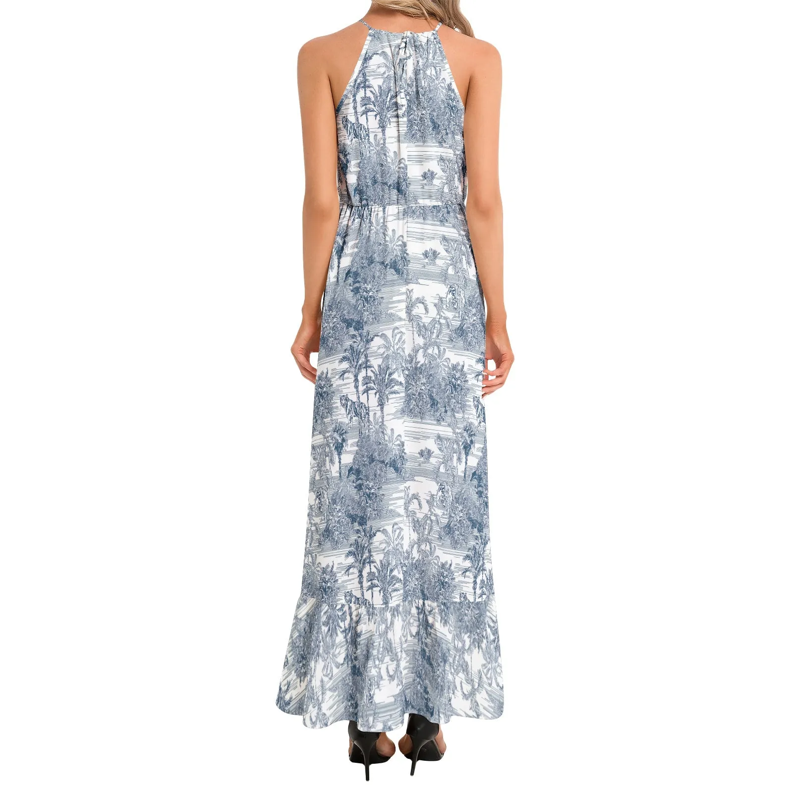 Safari Blue Maxi Dress with Ruffle Hem and Halter Neckline