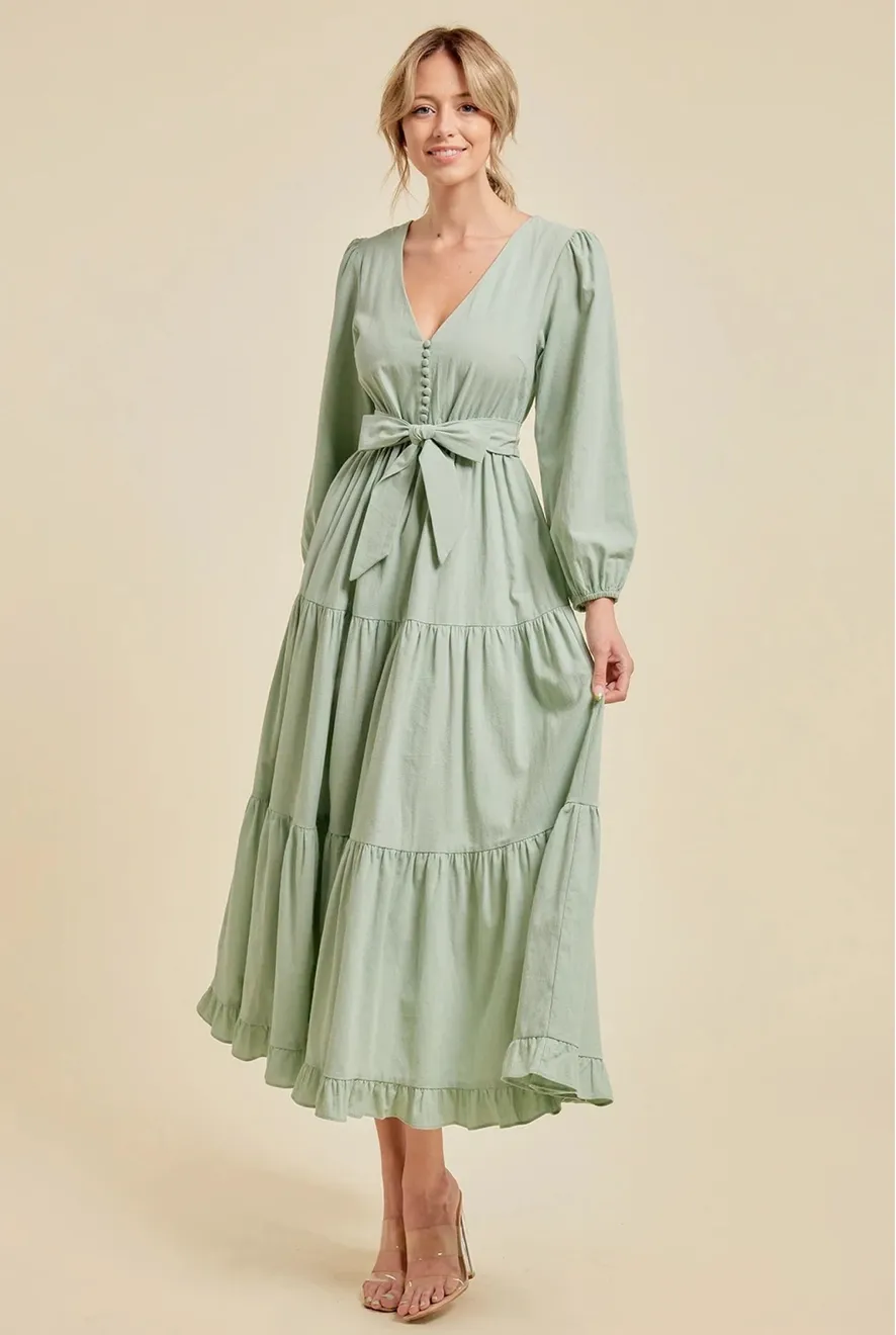 Sage Tie Waist Maxi Dress