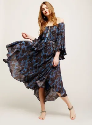 SALE 50% OFF Off The Shoulder Boho Maxi Dress "The Island Life" Bell Sleeves Lace Up Front Dark Blue And Black Print Sizes Small Medium Large Or Extra Large