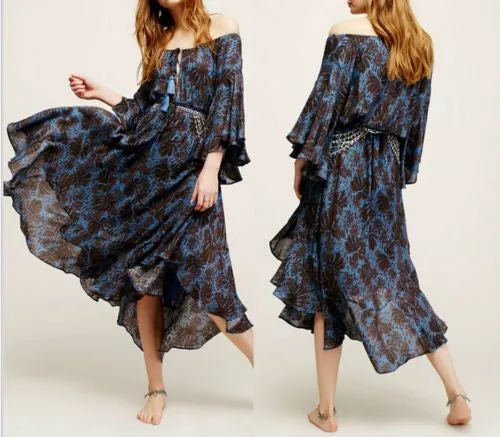 SALE 50% OFF Off The Shoulder Boho Maxi Dress "The Island Life" Bell Sleeves Lace Up Front Dark Blue And Black Print Sizes Small Medium Large Or Extra Large